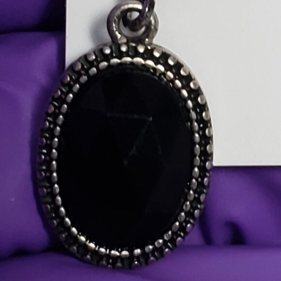 Silver Drop Earrings – Faceted Black Stones with Beaded Frame, Leverback Design - Picture 4 of 7